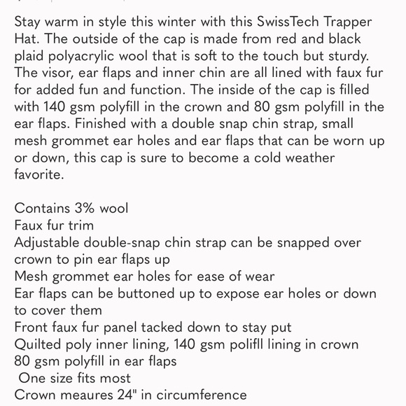 EUC- Swiss Tech Faux Fur Lined Plaid Trapper Hat- OSFM - Picture 4 of 4